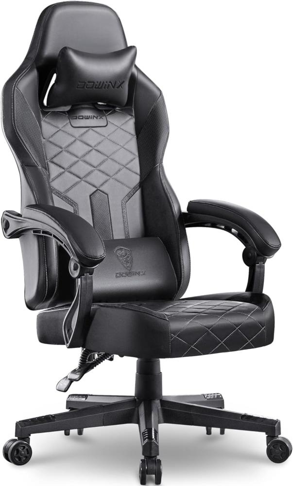 Dowinx Gaming Stuhl Racing Gamer Stuhl mit Frühling Kissen, Ergonomischer Gaming Sessel mit Massage Lendenwirbelstütze, Bürostuhl PU Leder PC-Stuhl Verbreiterte Rückenlehne 180KG (Schwarz) Bild 1