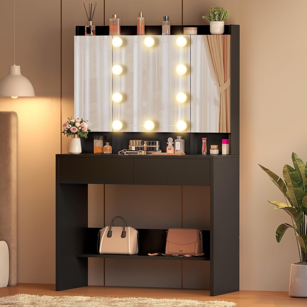 YITAHOME Schminktisch mit Spiegel und 10 LED-Beleuchtung, 3 Farben mit Einstellbarer Helligkeit Frisiertisch Kosmetiktisch mit verstellbaren Ablagen für Make-up, 2 Schubladen, modern (Schwarz) Bild 1