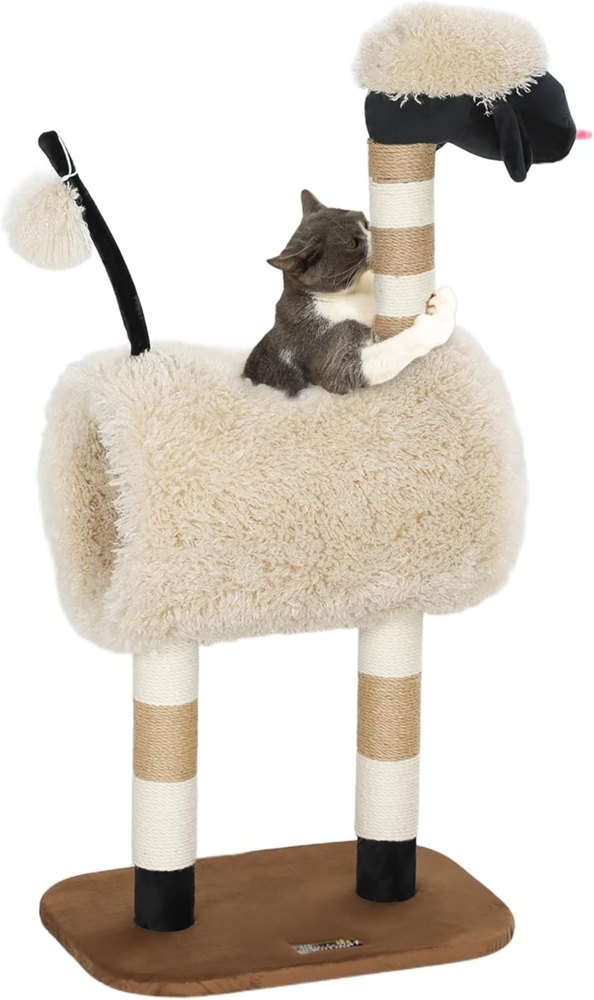 PawHut Kratzbaum 98 cm Katzenbaum im Schaf-Design, mit Kratzpfosten, Tunnel, Spielball, für Katzen bis 5 kg, Hellbraun Bild 1