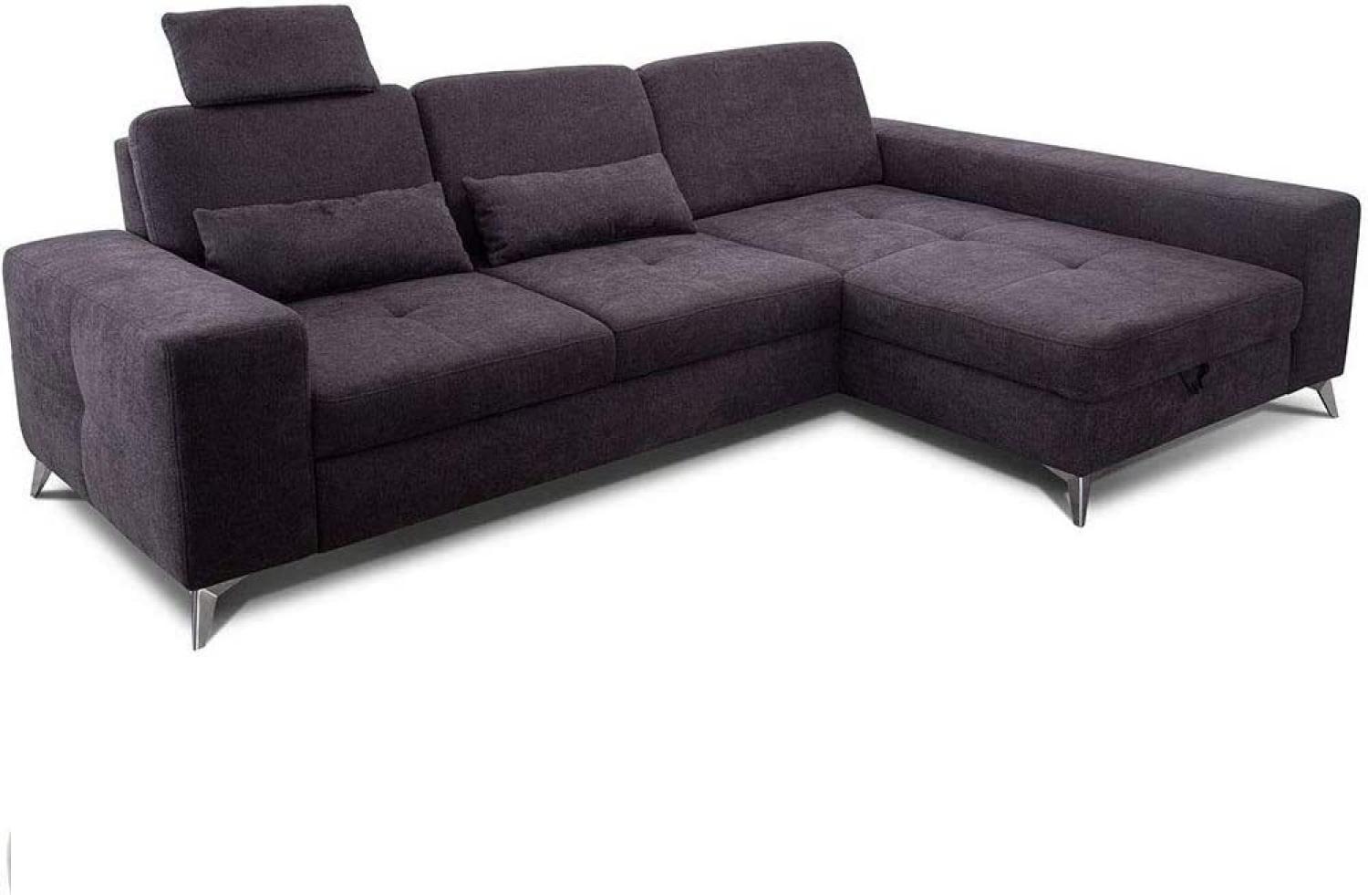 CAVADORE Ecksofa Bali / Trendige Sofaecke mit Longchair rechts, Kopfstütze & Nierenkissen / Inkl. Sitztiefenverstellung, Bett & Bettkasten / 286 x 92 x 176 / Flachgewebe: Dunkelgrau Bild 1