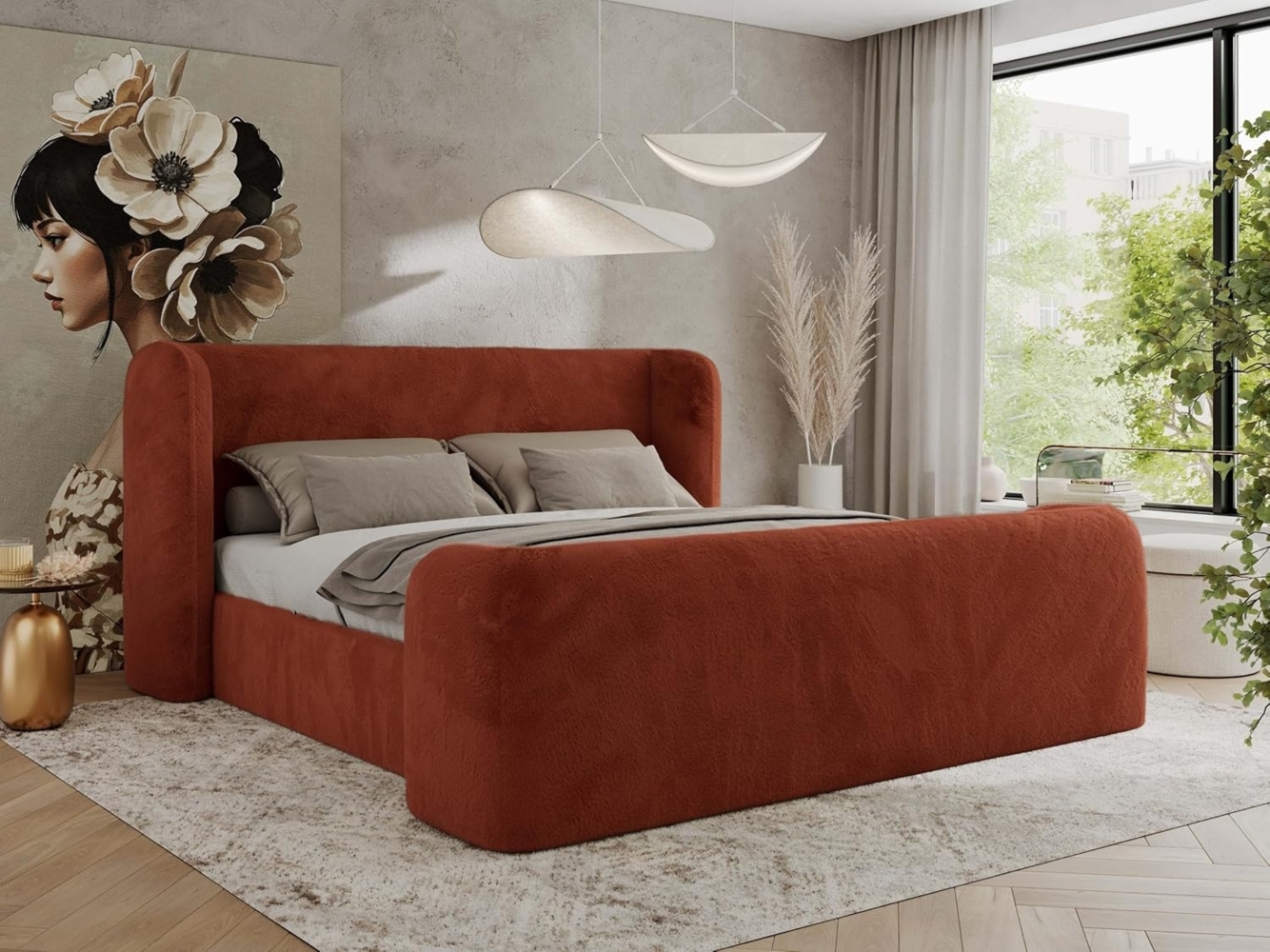 Polsterbett mit Lattenrost, Doppelbett für Schlafzimmer, Gepolstertes Kopfteil - EMORA CLASSIC DUO - 180 x 200 cm - Orange Stoff Bild 1