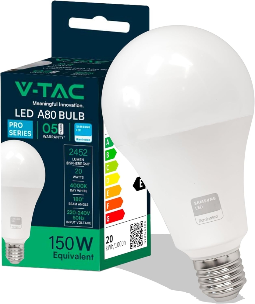 V-TAC LED Glühbirne A80 20W (entspricht 150W) - 2452 Lumen - Maximale Effizienz und Energieeinsparung LED Lampe - 4000K Neutralweiß - LED Glühlampe Bild 1