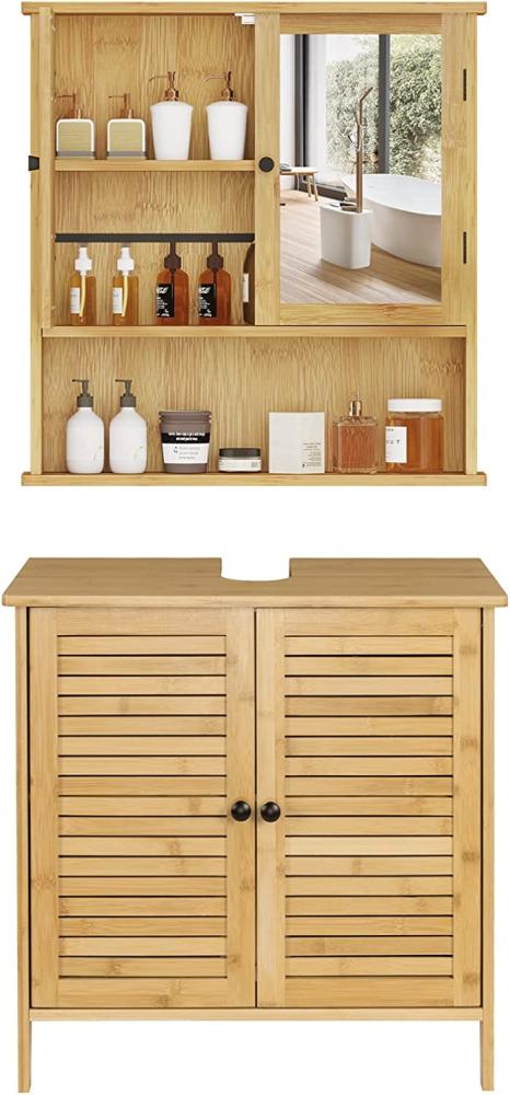 EUGAD Badezimmer Badmöbel Set Waschbeckenunterschrank Unterschrank Badezimmerschrank mit Spiegelschrank Hängeschrank für Bad Bambus Model 5 Bild 1