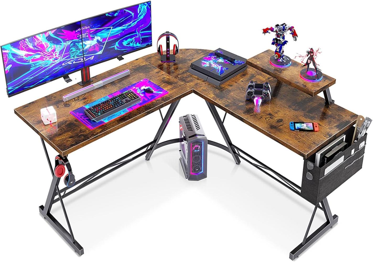 ODK L-förmiger Schreibtisch, Computertisch, Bürotisch mit runder Ecke, Gaming-Tisch mit Monitorablage, 127 x 127 cm, Weinlese Bild 1