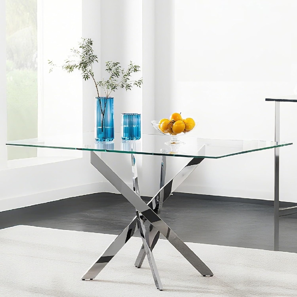 GOLDFAN Rechteckiger Esstisch aus Glas Moderner Küchentisch Glas Tisch mit Metallbeinen für Esszimmer Wohnzimmer Küche, Silber 110x70 Bild 1