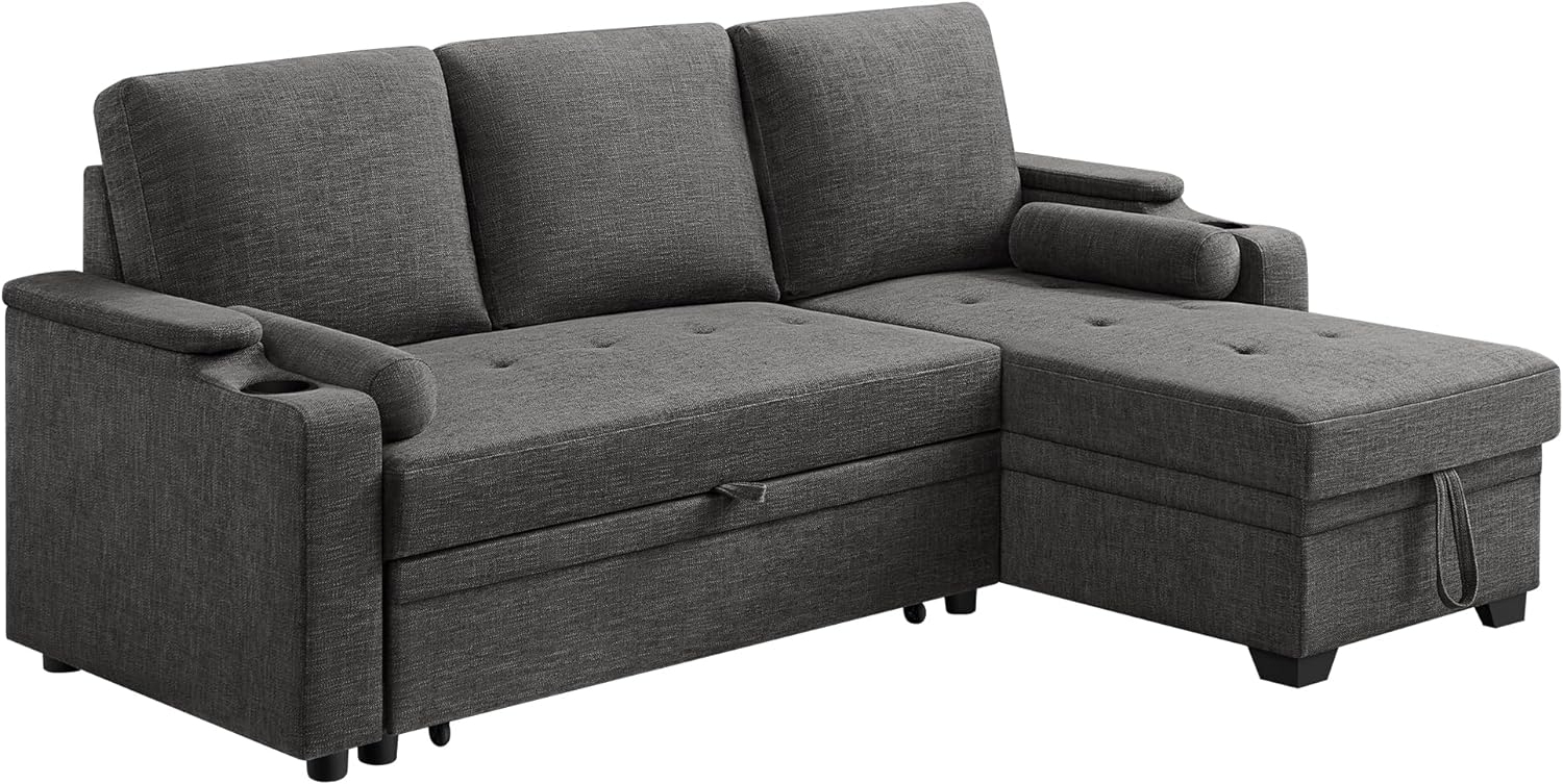 Vasagle Sofa L Form, Schlafsofa, Couch mit Stauraum, Schlaffunktion, Bettsofa mit Getränkehalter, modern, für Wohnzimmer, Schlafzimmer, Dunkelgrau Bild 1