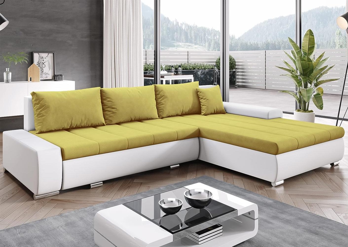 FURNIX Ecksofa Tommaso mit Schlaffunktion und Bettkasten - Couch Sofa mit Kissen - L-Form Sofa, Stellfüße in Chromoptik - B297 x T210 x H85 cm, Liegefläche 255 x 150 cm - MA120-CO120 (gelb/weiß) Bild 1