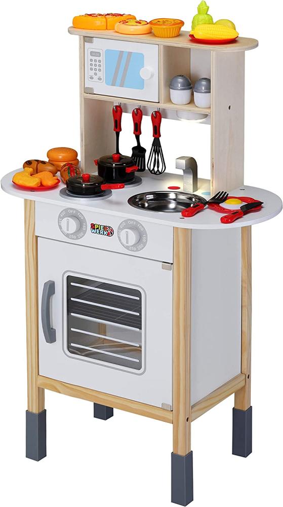 Spielwerk Kinderküche Spielküche Holzküche Spielzeug Happy Kitchen mit Mikrowelle 35 Teile Zubehör Bild 1