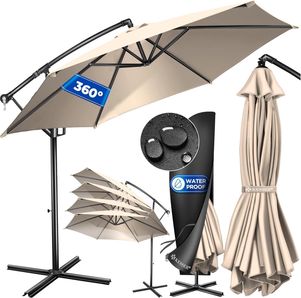 KESSER® Alu Ampelschirm Sonnenschirm + Abdeckung Ø350 cm & Kurbelvorrichtung Kurbelschirm mit Ständer UV-Schutz Aluminium Wasserabweisende Bespannung 360° Funktion Garten-Schirm Marktschirm Beige Bild 1