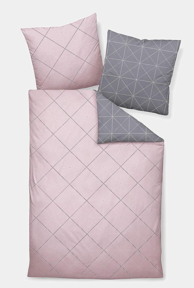 Palermo Janine Mako Satin Bettwäsche 2tlg grau rosa 31101-01 | Bettwäsche-Set aus 100% Baumwolle | 2 teilige Wende-Bettwäsche 155x220 cm & Kissen 80x80 cm | Geometrisches Muster Bild 1