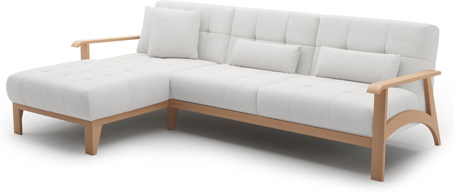 Cavadore Ecksofa Billan / Schlafsofa im skandinavischen Design mit Longchair, Bett und massivem Holzgestell in Buche / 264 x 88 x 183 / Flachgewebe, Weiß Bild 1