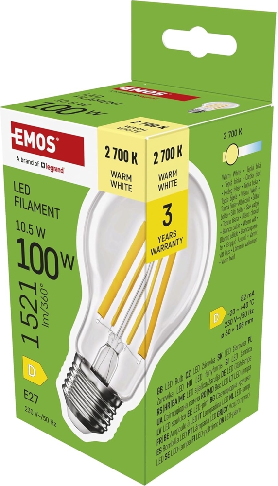 EMOS LED Lampe Edison A60, 10,5W Ersatz für 100W Glühbirne, Vintage-Glühlampe mit E27 Sockel und Helligkeit 1521 lm, Warmweiß 2700 K, 25000 Stunden Lebensdauer, CRI > 80, 360° Abstrahlwinkel Bild 1
