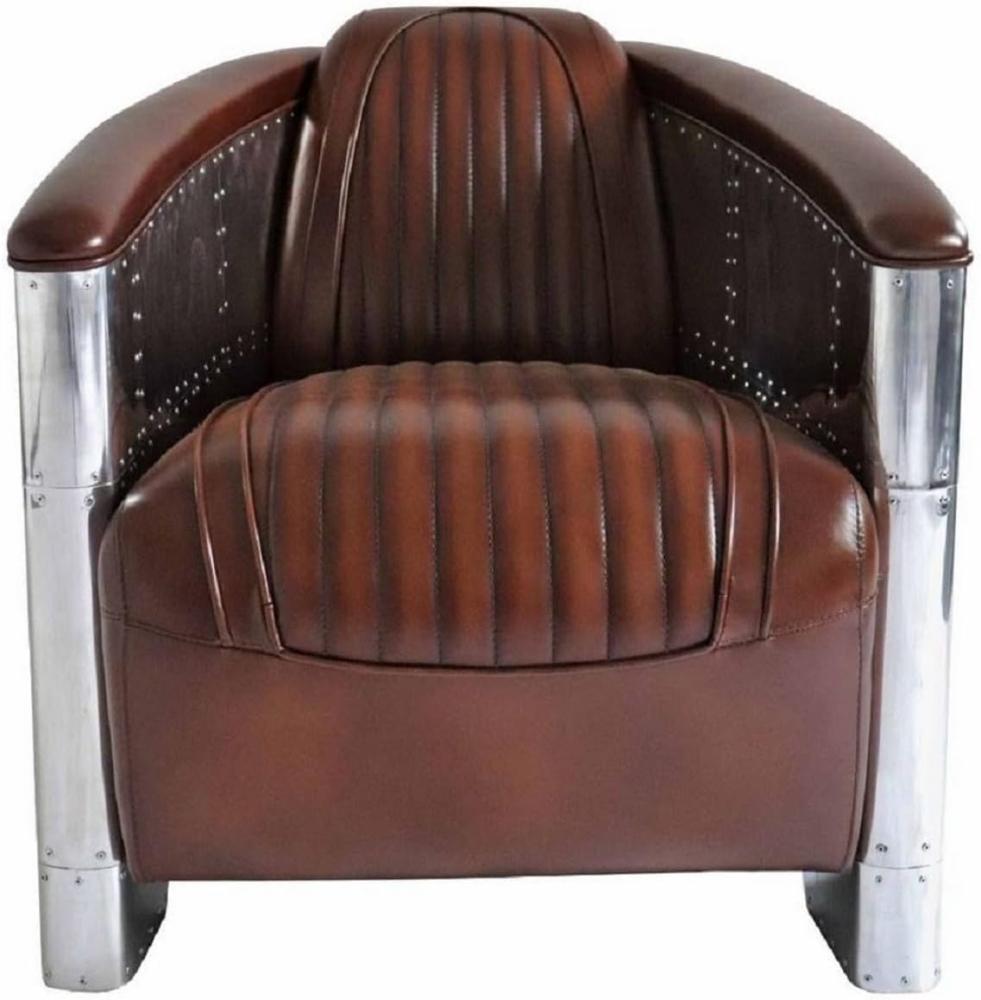 Casa Padrino Luxus Art Deco Echtleder Sessel Dunkelbraun / Silber 90 x 72 x H. 68 cm - Aluminium Sessel mit hochwertigem Leder - Lounge Sessel - Aluminium Flugzeug Flieger Sessel Möbel Bild 1