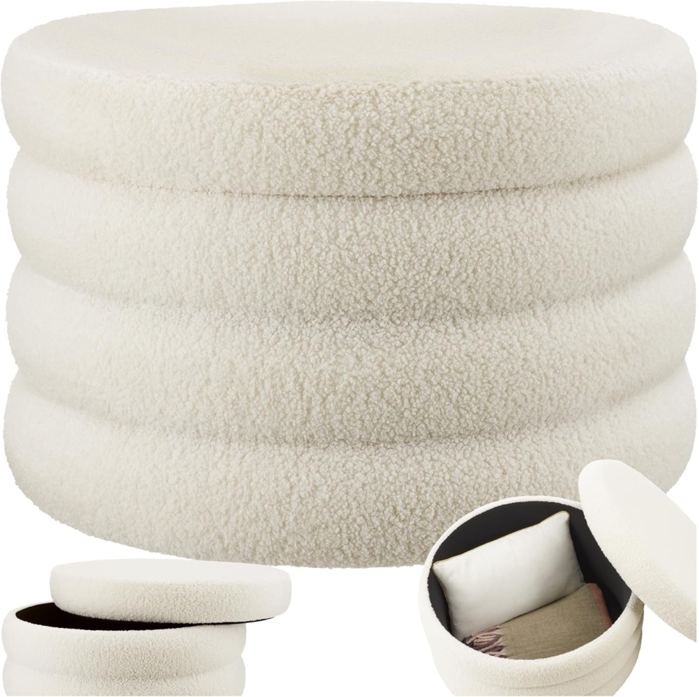 tectake® Hocker mit Stauraum, XL Scandi Sitzhocker Bouclé Teddy Stoff, Pouf, Polsterhocker rund für Schminktisch, Schlafzimmer, Wohnzimmer Möbel, als Flur Möbel, Stauhocker Wohnen - Bouclé Creme-weiß Bild 1