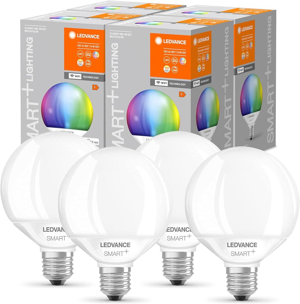 LEDVANCE Smarte LED-Lampe mit Wifi Technologie, E27, Dimmbar, RGB-Farben & Lichtfarbe änderbar, Globeform, Matt, Ersatz für herkömmliche 100W-Glühbirnen, steuerbar mit Alexa, Google & App, 4er-Pack Bild 1