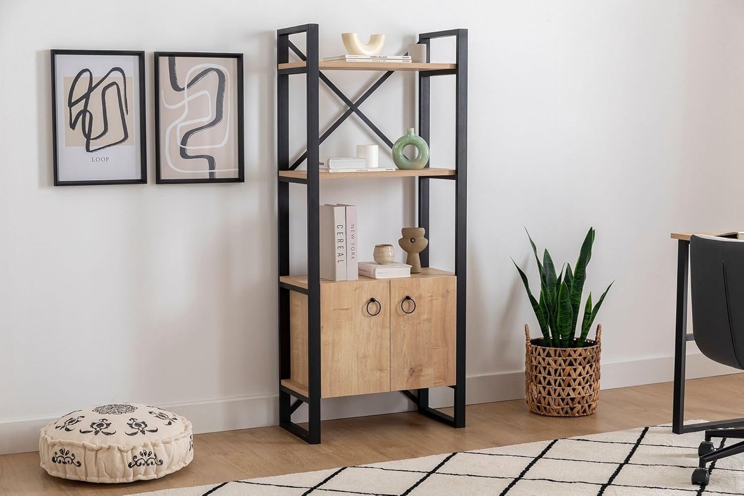 Hanah Home Industrial Bookshelf, Sapphire & Black, 64 x 160 x 32 cm | 100% Melamine Coated Particle Board, 18 mm Thick, Sturdy Metal Frame | Stylish Storage Solution for Modern Spaces Bild 1