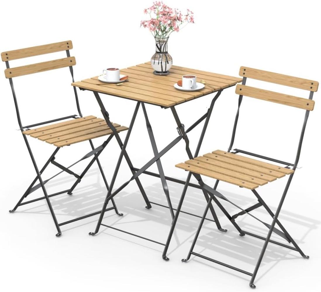 VOUNOT Bistroset 3-teilig, Klappbar Bistrotisch mit 2 Stühlen, Gartenmöbel Set Balkonset Gartengarnitur, Sitzgruppe Metall, Bistro Set Outdoor, Holz Bild 1