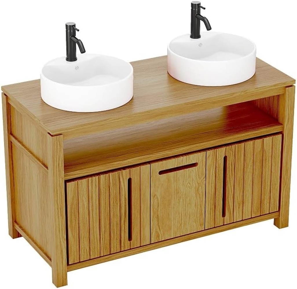 Vente-unique - Waschbeckenunterschrank - Teak hell - Doppelwaschbecken rund - 120 cm - SARATOK Bild 1