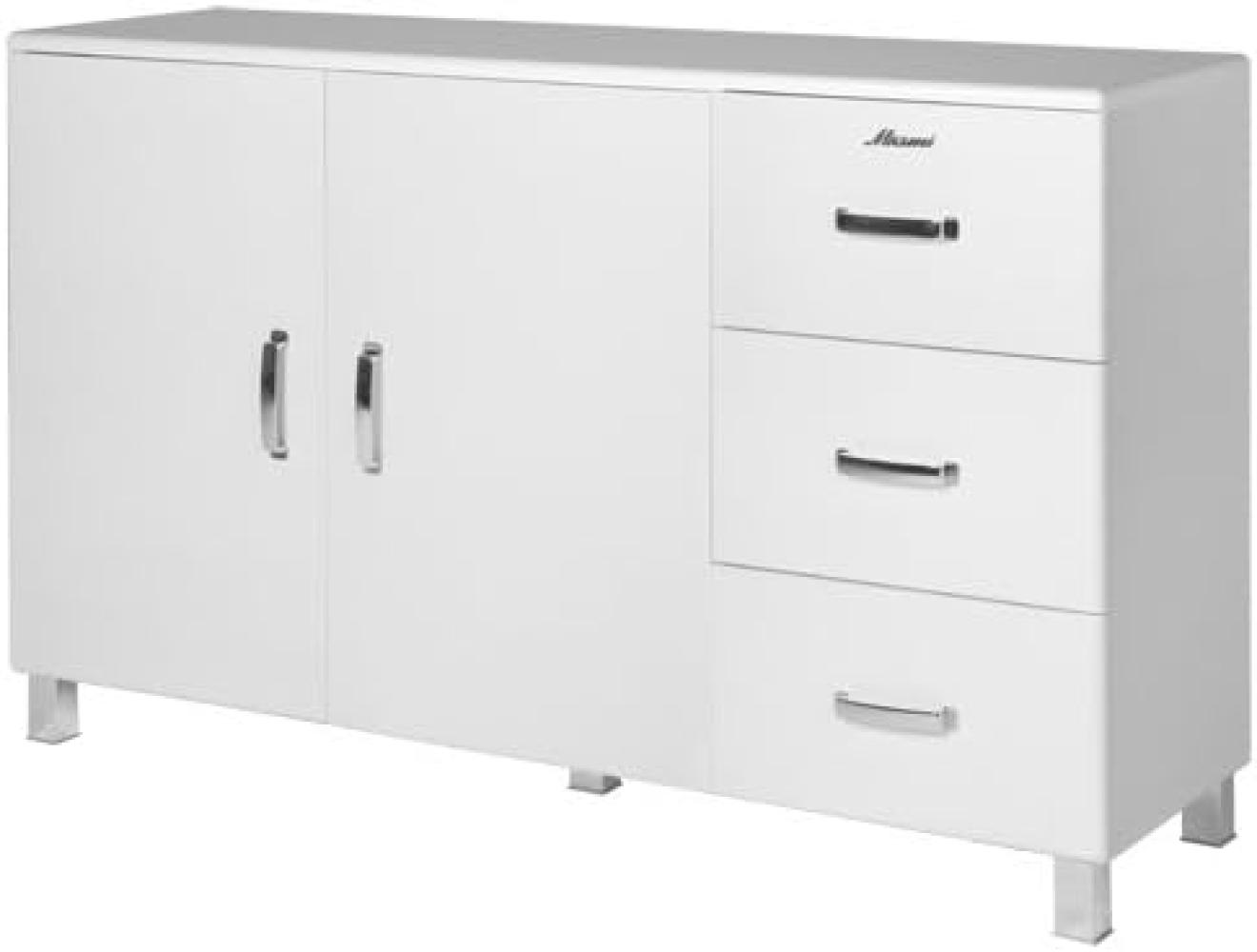 Miami Sideboard mit 2 Türen und 3 Schubladen mit Vollauszug und Soft-Close Beschlägen, Autometallic Lackierung, chromfarbene Griffe, Füsse und Logo aus hochwertigem Autoschriftzug, in weiss Bild 1