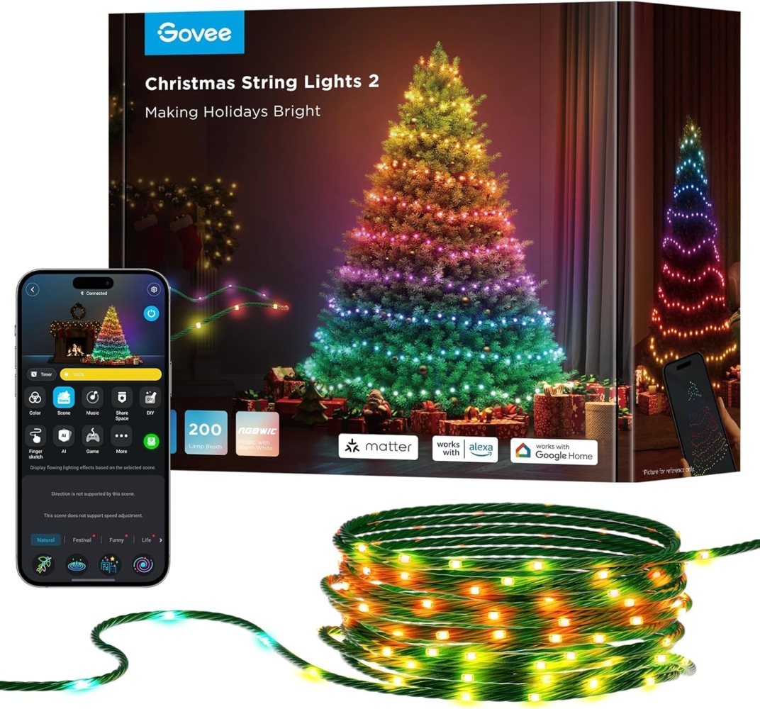 Govee Christmas Lights, RGBWIC 20M Weilnachtsbeleuchtung Außen, 200 LEDs Lichterkette Innen für Weilnachtsbaum, Shape-Mapping,130+ Szenen-Modi, IP65 Wasserdicht, Kompatibel mit Alexa, Grünes Kabel Bild 1