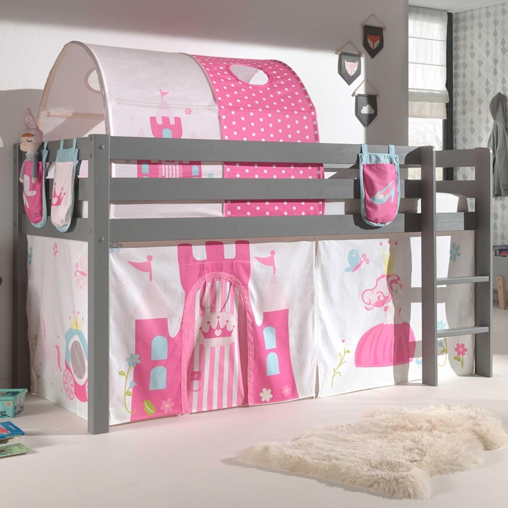 Vipack Spielbett 'Pino' grau, mit Textilset Vorhang, Tunnel und 3 Taschen 'Princes' Bild 1