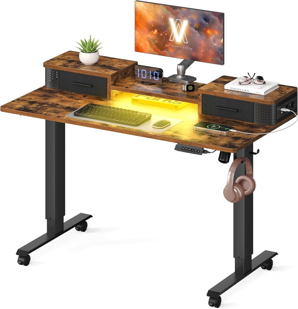 Vasagle Höhenverstellbarer Schreibtisch elektrisch, 60x120 x (72-120) cm, stufenlos verstellbar, mit Monitorständer, Haken, Memory-Funktion, vintagebraun Bild 1
