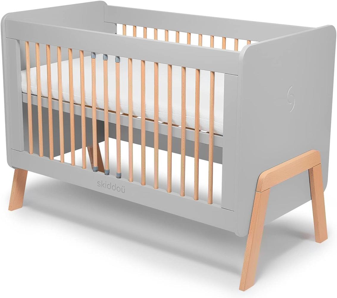 skiddoü Kinderbett Krubb Holzgitterbett höhenverstellbar Sicherheitsgeländer herausnehmbar Sprossen massives Buchenholz Buche on 0 bis 4 Jahre ökologische Farben für Matratzen, 120x60 cm Bild 1