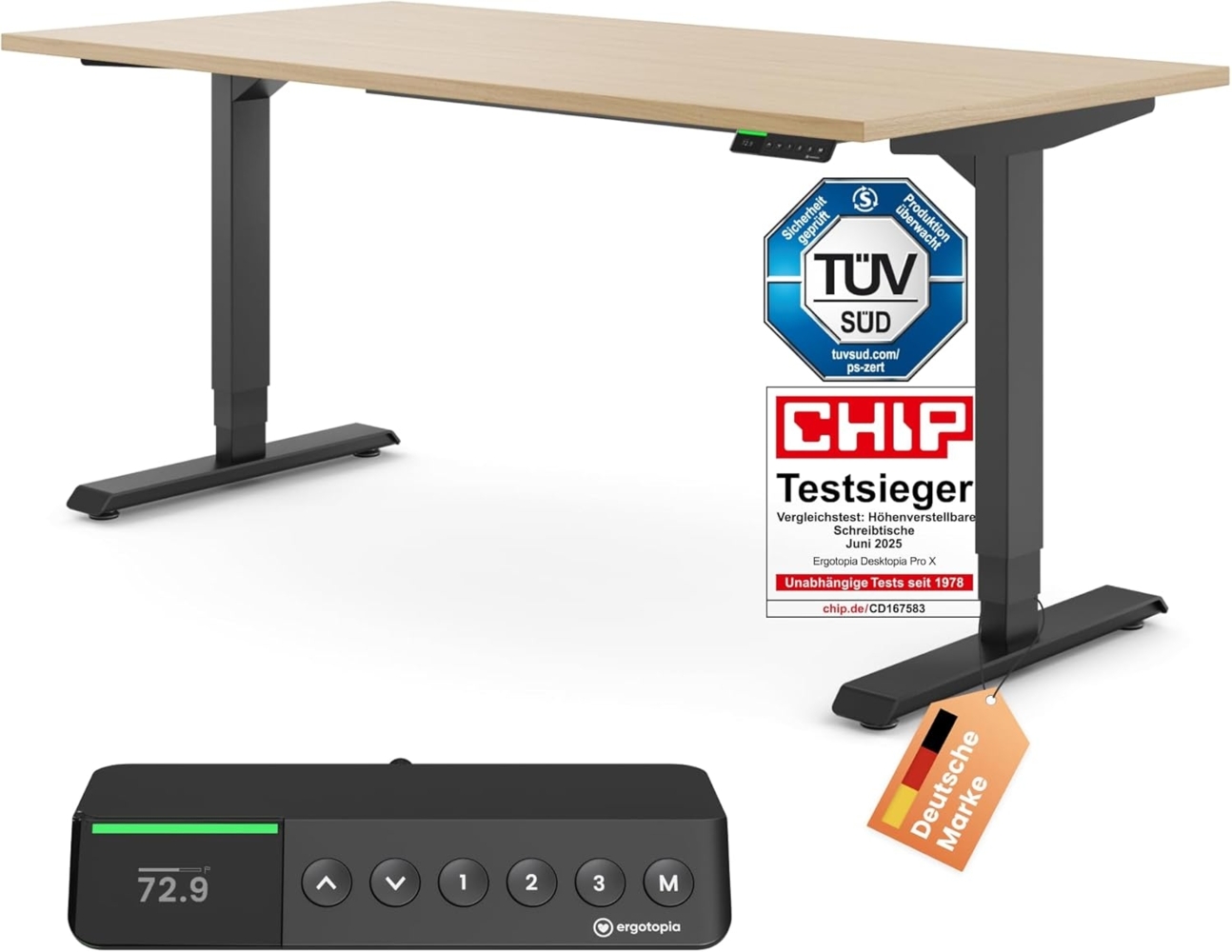 Desktopia Pro X - Elektrisch höhenverstellbarer Schreibtisch / Ergonomischer Tisch mit Memory-Funktion, Ahorn, Gestell Schwarz, 160x80 cm Bild 1