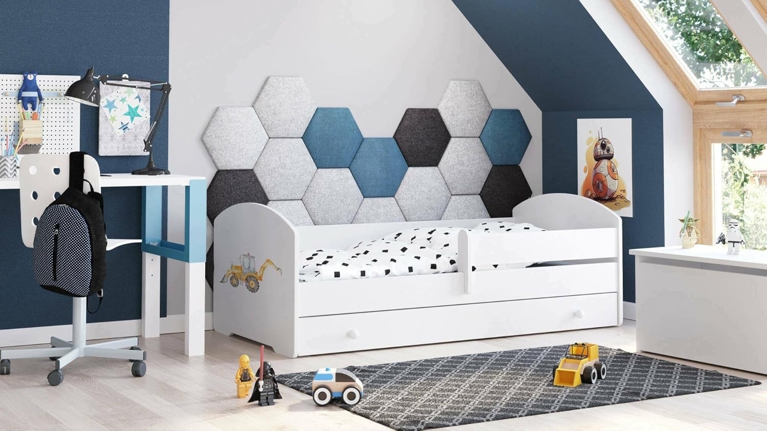 Dmora - Kinderbett Opole, Kinderbett für Schlafzimmer, Einzelbett mit Kommoden, Struktur mit ausziehbarem Bett, 85x164 h63 cm, Weiß mit Bagger Bild 1