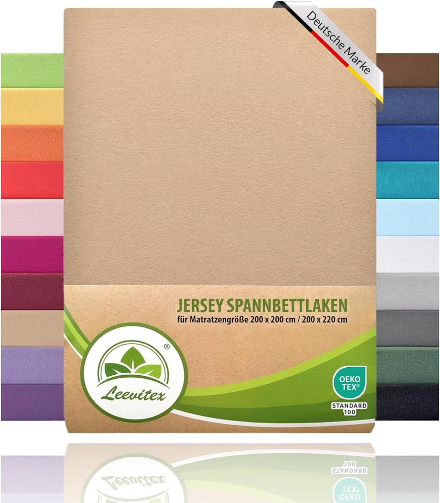 leevitex® Boxspringbett & Wasserbett Spannbettlaken | 100% Baumwolle | Markenqualität | Ökotex | 200 x 220 cm + 40 Steg - Sand/Beige Bild 1