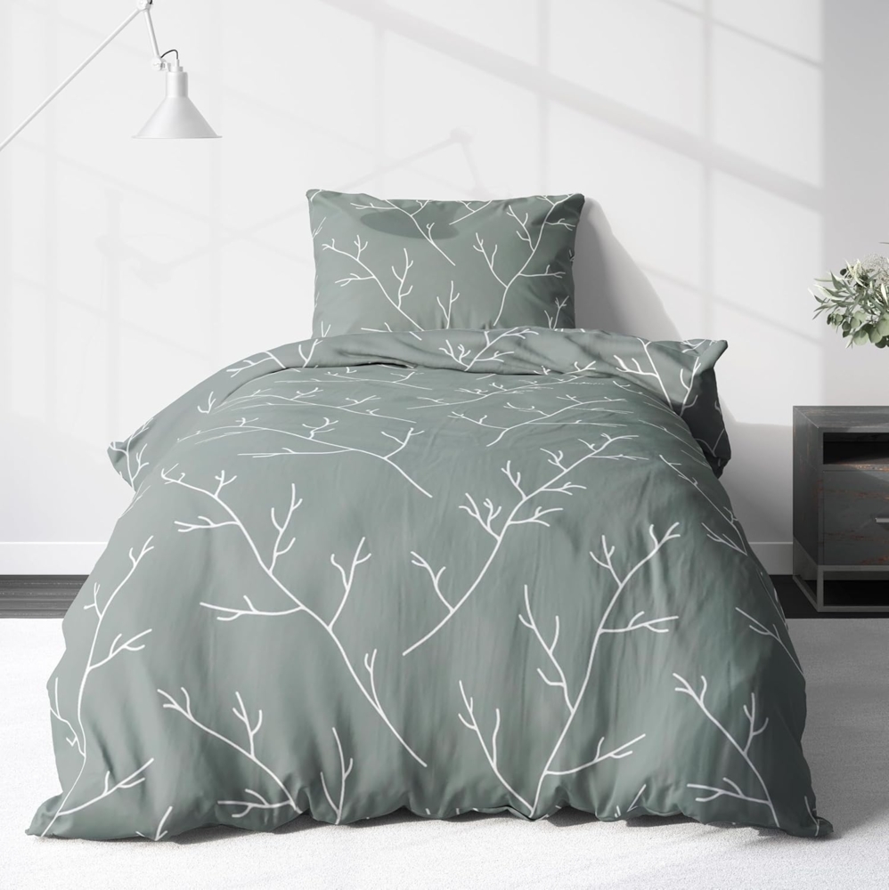 LINKHOFF Bettwäsche Renforce Bettwäsche 135x200cm + 80x80cm 2tl. - Zweigemuster in Jade, Grün/Weiß Bettwäsche Äste Zweige Grün - 100% Baumwolle Bild 1