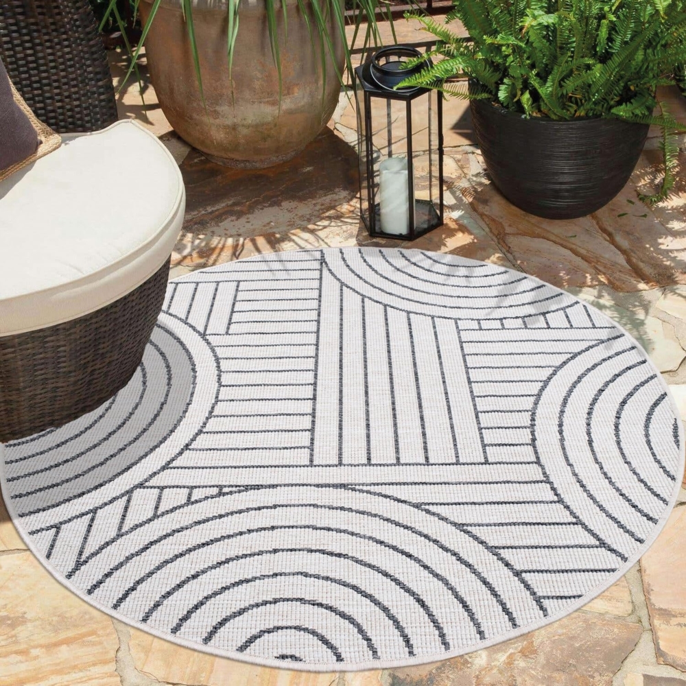 carpet city In- & Outdoor-Teppich Grau, Creme - Wendeteppich - 160 cm Rund - Geometrisches Muster - Wetterbeständig für Balkon, Terrasse - Teppiche Modern Indoor Wohnzimmer, Küche Bild 1
