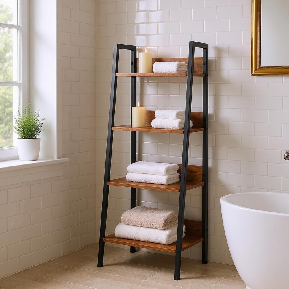 FurnitureR Badezimmerregal Leiterstil 42 x 29 x 110 cm, 4 Ebenen, Stoffschublade, 12 mm Holzplatten & 20 mm Metallrahmen, 7,5 cm Rückwand, Elegantes Badmöbel im Landhausstil Bild 1