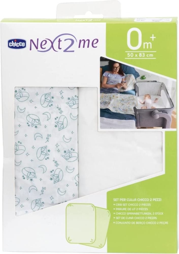 Spannbettlaken Chicco mit elastischen Ecken, kompatibel mit Next2Me, 2-teilig, 50 x 83 cm, 100% Baumwolle, 2 Spannbettlaken mit elastischen Ecken, Zubehör für Neugeborene 0+ - Foxy Bild 1