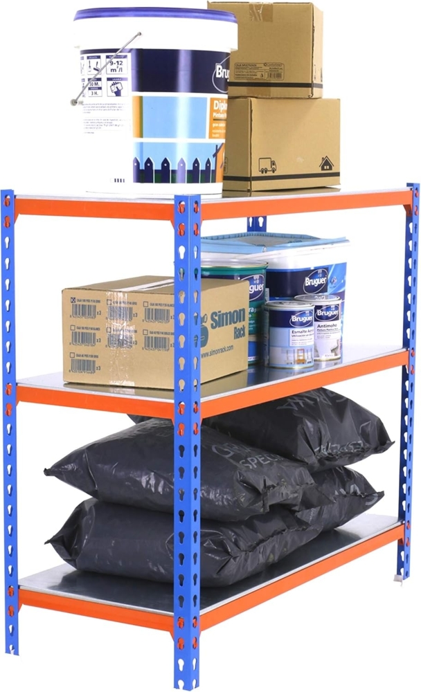 Simon Rack Schwerlastregal, 900 x 1200 x 300 mm, Bis 200 kg Belastbar, 3 Verstellbare Ablagen, Kellerregal, Lagerregal, Blau/Orange/Verzinkt - Simonclick Bild 1