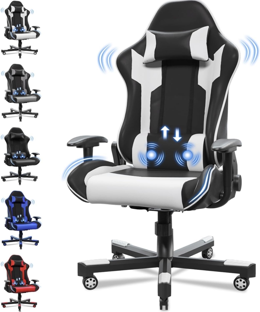 JUMMICO Massage Gaming Stuhl, Bürostuhl Ergonomisch mit Lendenwirbelstütze, Computerstühle Racing Bürostühle Sessel, Höhenverstellbar Liegestuhl Schreibtischstuhl 150kg Belastbarkeit, Weiß Bild 1