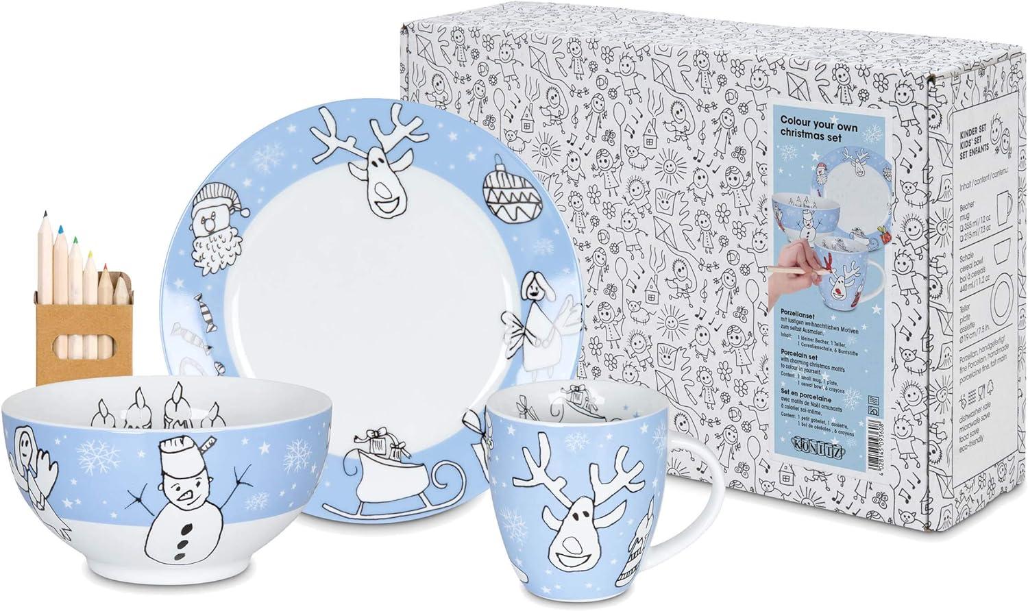 Könitz Colour Your Own Christmas Kindergedeck, 3er Set, Müslischale, Tasse, Geschirr, Teller, Porzellan, Weiß - Hellblau, Ø 19 cm, 11 5 000 2299 Bild 1