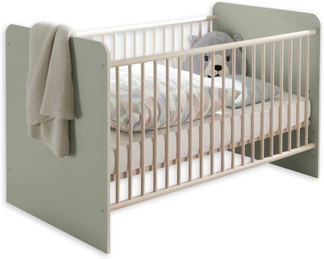 PRIZZI Sicheres Babybett 70x140 cm in Pastellgrün/Aurum Optik - Funktionales Baby Gitterbett mit höhenverstellbarem Lattenrost - 78 x 88 x 143 cm (B/H/T) Bild 1