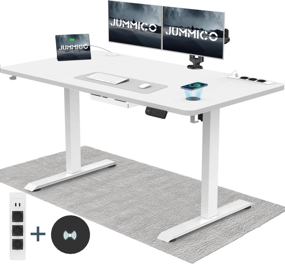 JUMMICO Höhenverstellbarer Schreibtisch mit Kabelloser Ladestation und Euro-Steckdose mit USB, 140x70cm Schreibtisch Höhenverstellbar Elektrisch Stehtisch mit Rollen, Weiß Bild 1