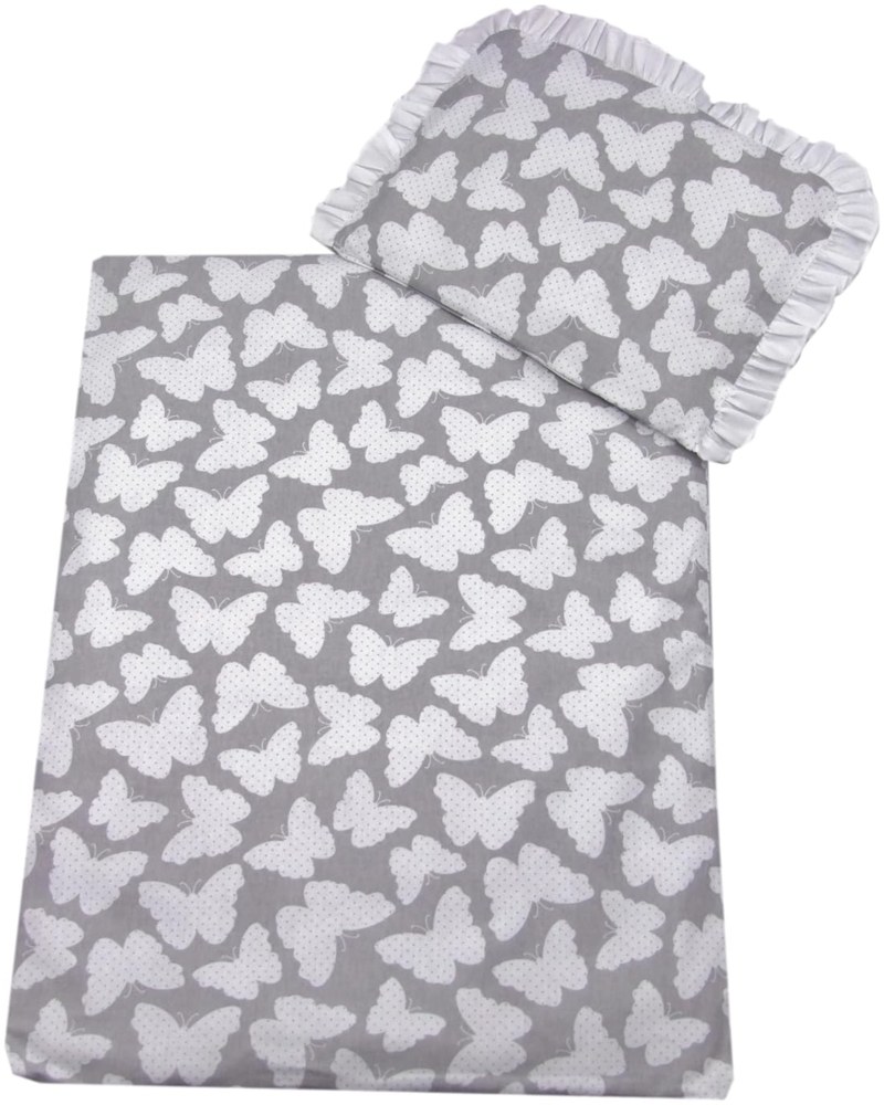 2 tlg. Set Bezug in 70x50 cm für Kinderwagen, Wiege und Stubenwagen Kinderbettwäsche Garnitur Bettwäsche *Deckenbezug + Kissenbezug* (Schmetterling grau) Bild 1