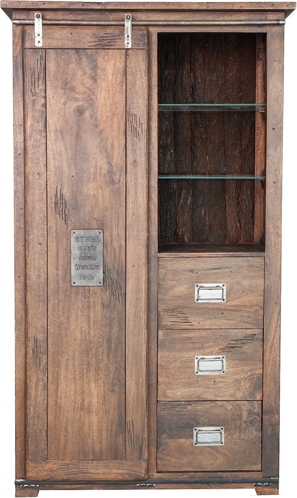 Woodroom Highboard Pali (Mango massiv gewachst dunkelbraun lackiert 100x175x45 cm, 3 Schubladen, 1 Rolltür), Highboard, Wohnzimmerschrank Bild 1