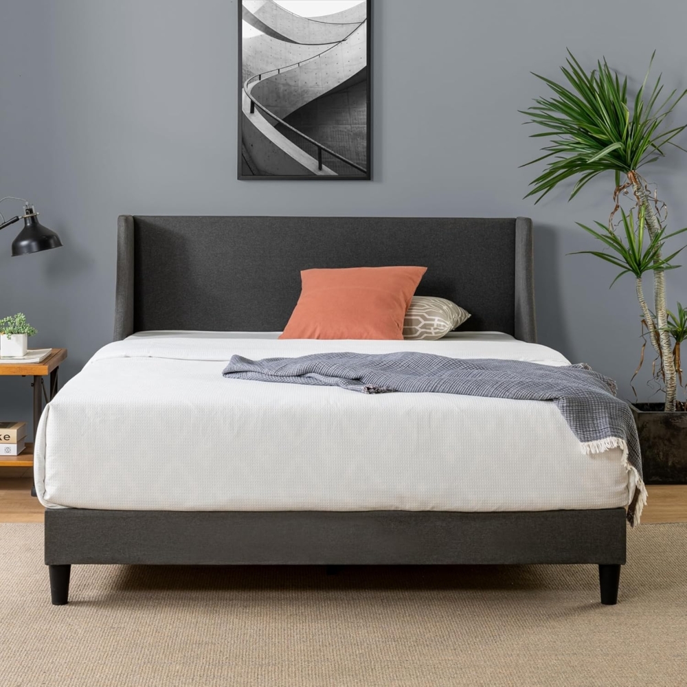 Zinus Evelyn Bett 140x200 cm - Höhe 25 cm - Gepolsterter Bettrahmen mit breitem Wingback Kopfteil - Dark Grey Bild 1