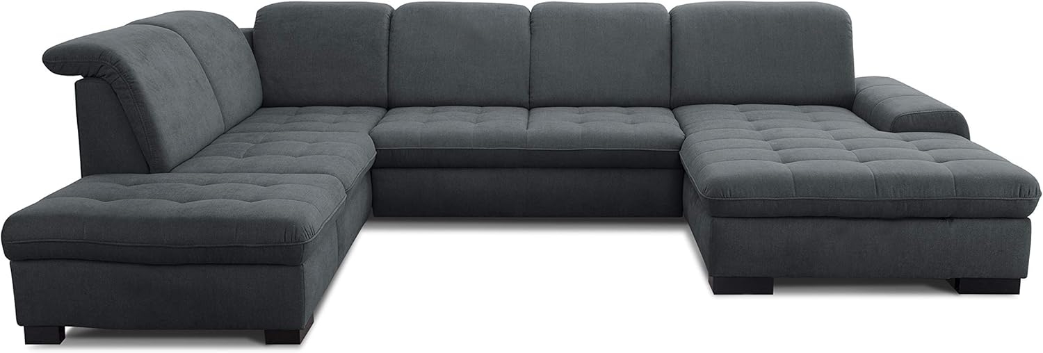 CAVADORE U-Form Lexi mit XXL-Longchair / Inkl. Bett, Bettkasten, Stauraum und Kopfteilfunktion / Leichte Fleckenentfernung dank Soft Clean / 329x82-99x224 / Flachgewebe: Dunkelgrau Bild 1
