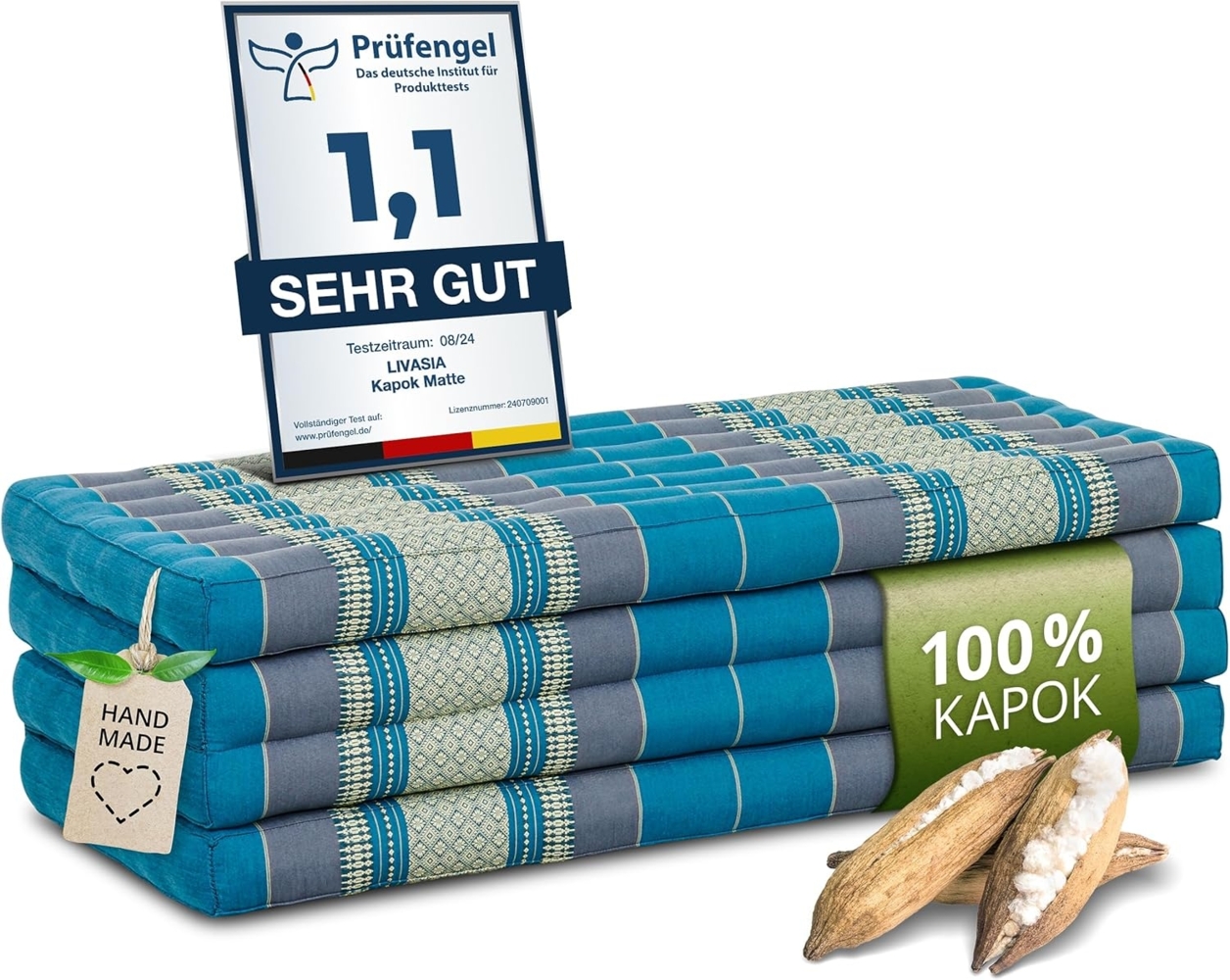 Nachhaltige Klappmatratze aus Kapok, breite Gästematratze vierteilig, Faltbare Matratze, ökologische Yogamatte, klappbares Gästebett, Liege für Garten und Balkon 200 x 110 x 8 cm (Hellblau) Bild 1