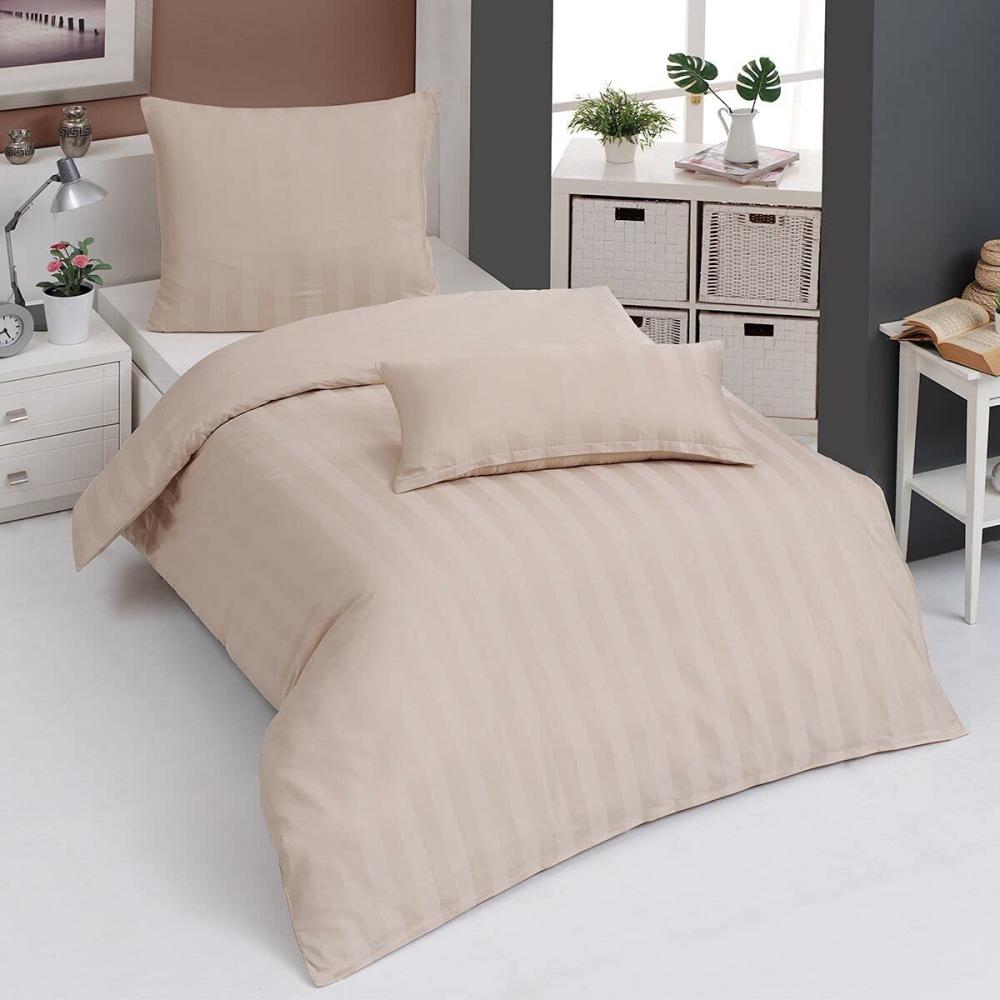 Traumschlaf Mako-Satin Bettwäsche Uni Streifen 4 cm|155x220 cm + 40x80 cm| beige Bild 1