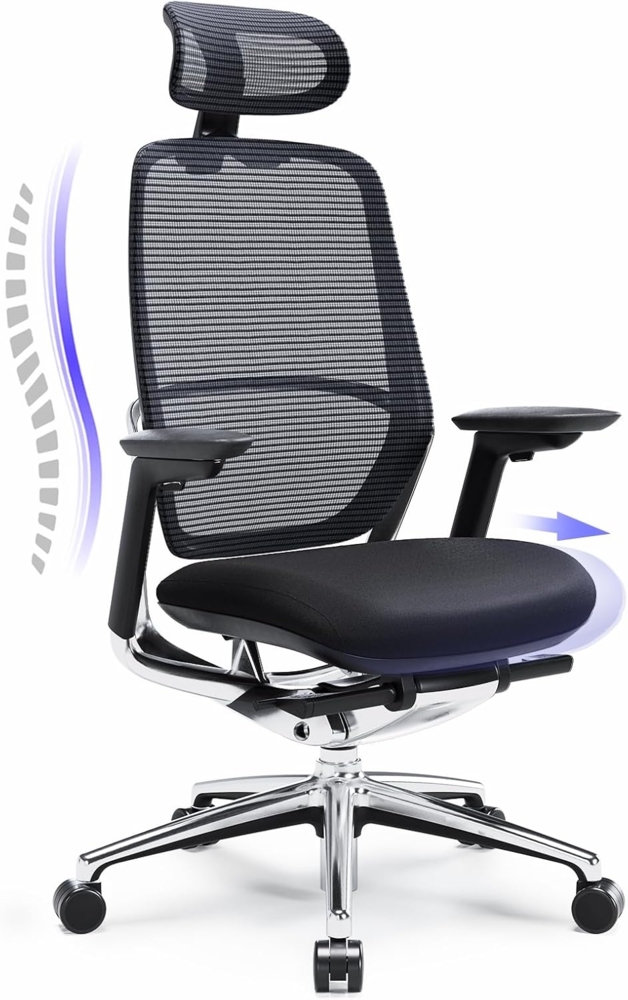 COLAMY Ergonomischer Bürostuhl, liegender Computerstuhl für Home, Verstellbare Kopfstütze, Lendenstütze, hochrückiger Netz-Schreibtischstuhl für Office Work Comfort, Silber Bild 1