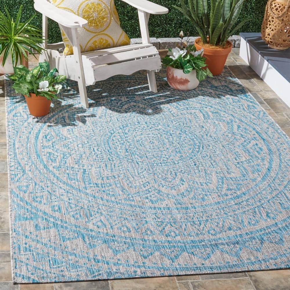 SAFAVIEH Zeitgenössische Teppich für Wohnzimmer, Esszimmer, Schlafzimmer - Courtyard Collection, Kurzer Flor, Hellgrau und Aqua, 160 X 231 cm Bild 1