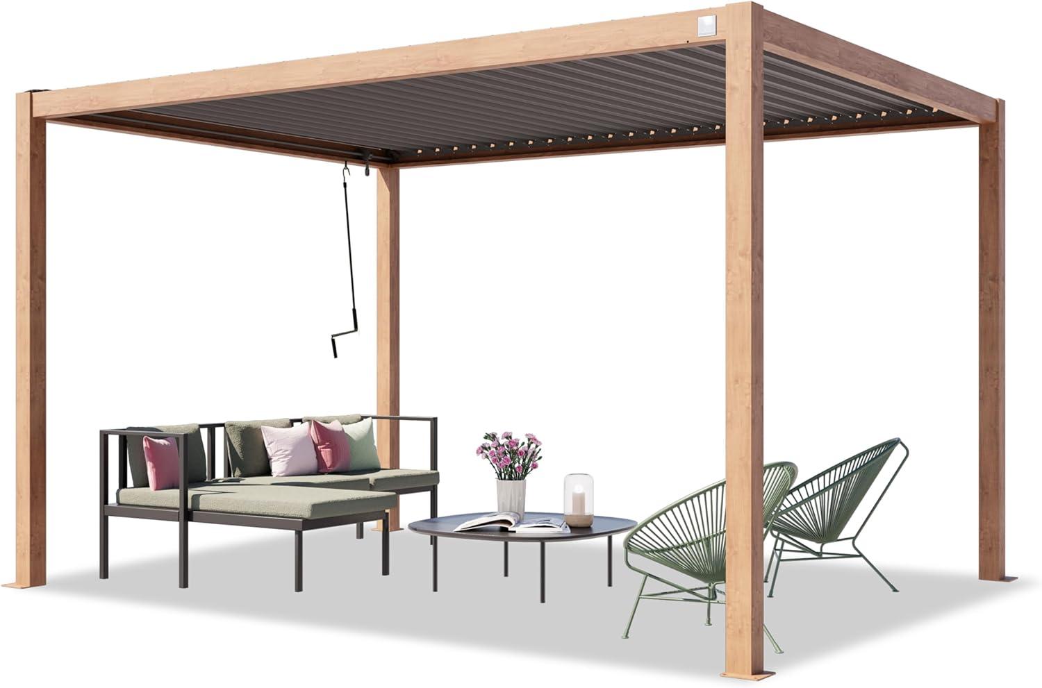 PRIMEYARD Pergola 3x4 m Aluminium-Pfosten in Holzoptik mit Lamellendach aus Stahl Terrassenüberdachung Bild 1