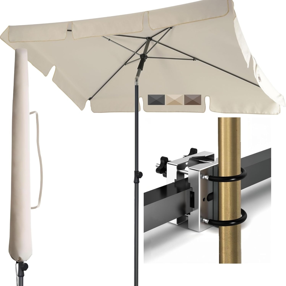 Menz Sonnenschirm Balkon - 3-IN-1 Sonnenschutz Balkon SET in Beige, UPF 50+ Sonnenschirm rechteckig 200x125 cm + Metall Sonnenschirmhalter Balkongeländer + Sonnenschirmhülle Bild 1