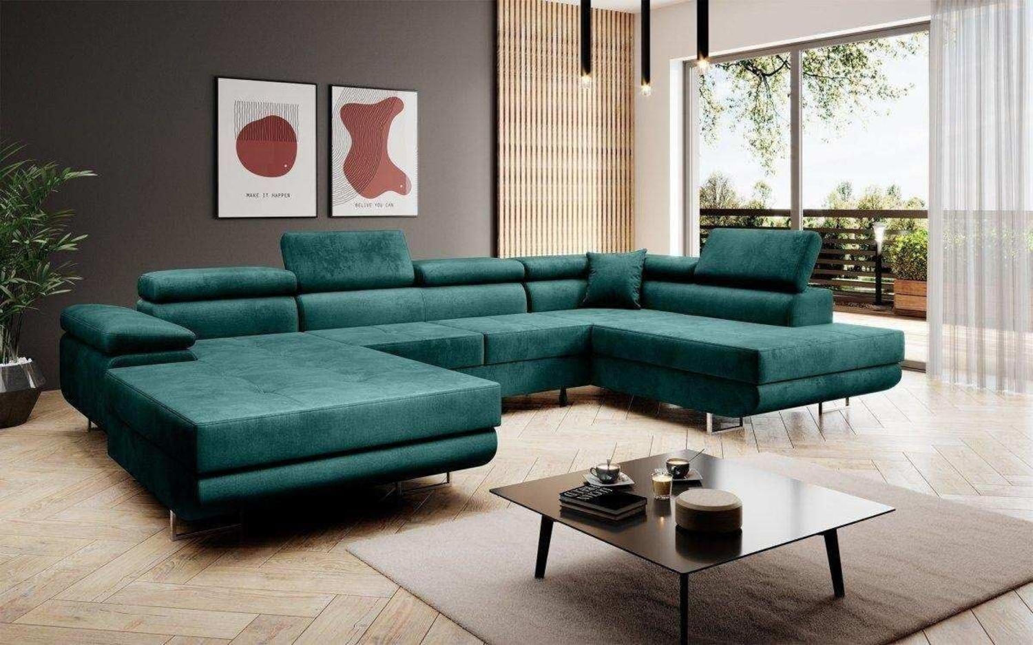 Designer Sofa Lago mit Schlaf - und Klappfunktion Grün Samt Rechts Bild 1